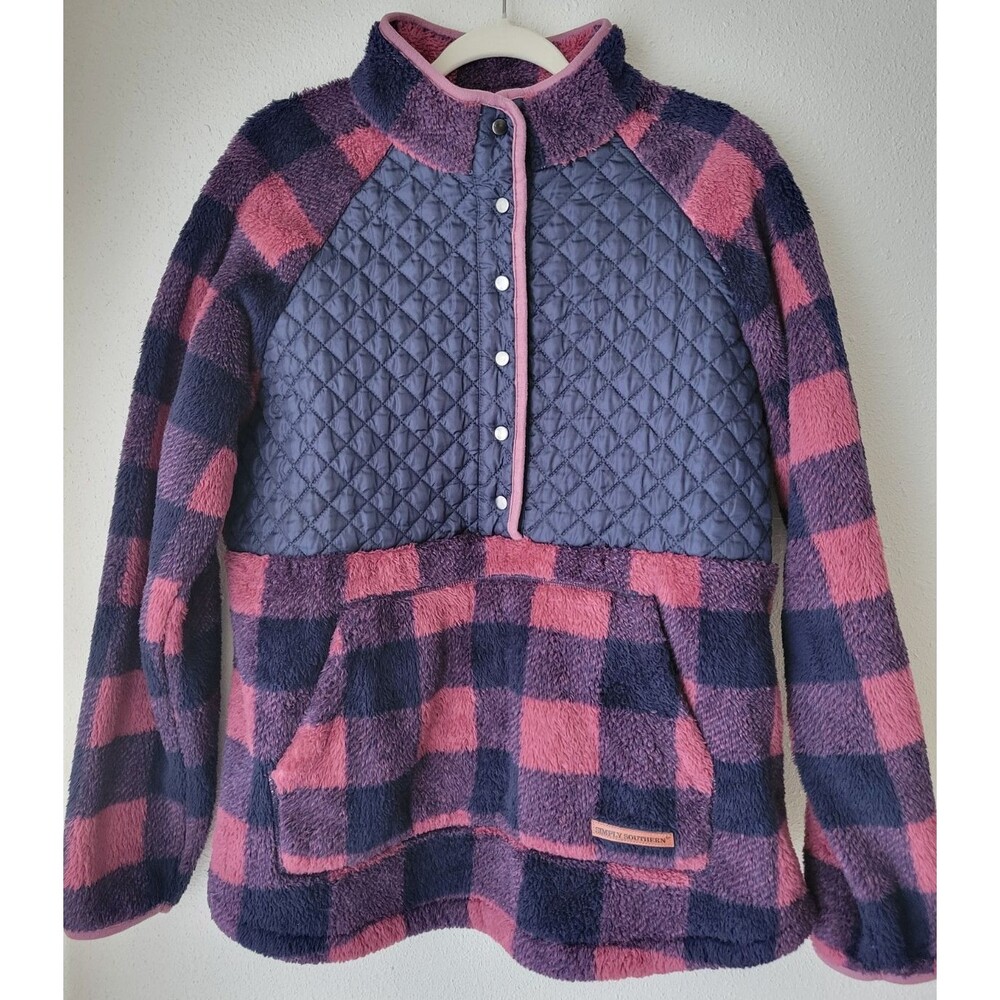 Simply Southern Women's Large Buffalo Plaid Sherpa Pullover Quilted Snap Fleece - Picture 2 of 9